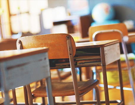 Desks in a classroom.